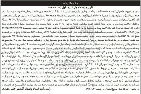 مزایده، مزایده ششدانگ یک قطعه جای خانه