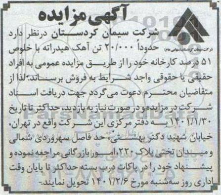 مزایده فروش 20.000 تن آهک هیدراته با خلوص 51 درصد