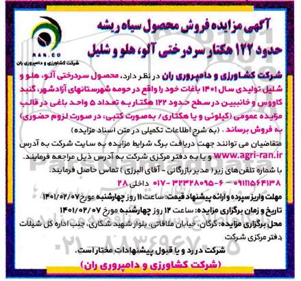 مزایده، مزایده فروش محصول سیاه ریشه حدود 122 هکتار سردرختی آلو، هلو و شلیل 