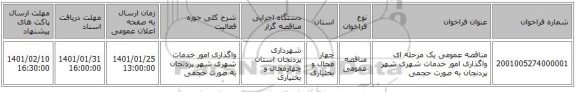 مناقصه عمومی یک مرحله ای واگذاری امور خدمات  شهری شهر پردنجان به صورت حجمی
