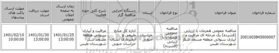 مناقصه عمومی همزمان با ارزیابی (فشرده) یک مرحله ای مراقبت و آبیاری  سنواتی منطقه مسجد شکر  شهرستان طبس  