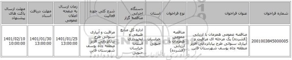 مناقصه عمومی همزمان با ارزیابی (فشرده) یک مرحله ای مراقبت و آبیاری سنواتی طرح بیابانزدایی آفریز منطقه چاه یوسف شهرستان قاین  