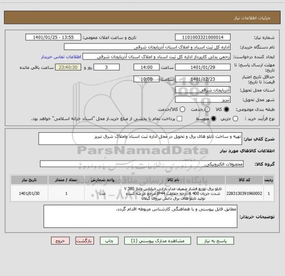 استعلام تهیه و ساخت تابلو های برق و تحویل در محل اداره ثبت اسناد واملاک شرق تبریز 