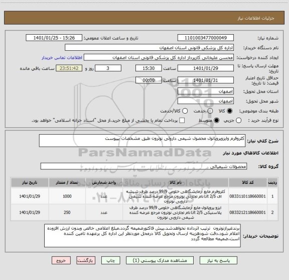 استعلام کلروفرم وایزوپروپانول محصول شیمی داروئی نوترون طبق مشخصات بپیوست