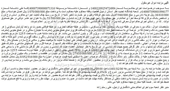 مزایده فروش  یک ساختمان تجاری مسکونی ، مشتمل بر طبقه همکف تجاری 