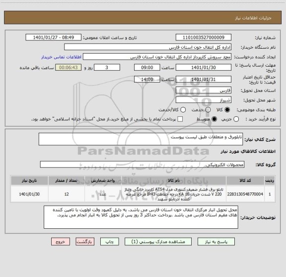 استعلام تابلوبرق و متعلقات طبق لیست پیوست