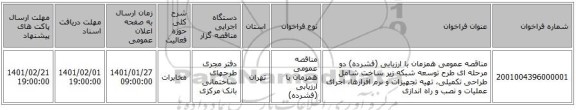 مناقصه عمومی همزمان با ارزیابی (فشرده) دو مرحله ای طرح توسعه شبکه زیر ساخت شامل طراحی تکمیلی، تهیه تجهیزات و نرم افزارها، اجرای عملیات و نصب و راه اندازی 