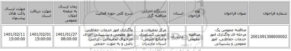 مناقصه عمومی یک مرحله ای واگذاری امور خدمات حفاظتی، امور عمومی و پشتیبانی