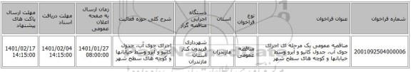 مناقصه عمومی یک مرحله ای اجرای جوی آب، جدول کانیو و آبرو وسط خیابانها و کوچه های سطح شهر