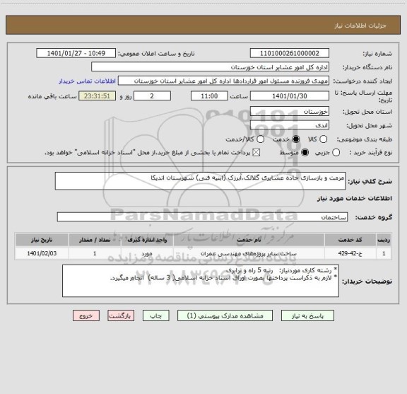 استعلام مرمت و بازسازی جاده عشایری گلالک،آبرزک (ابنیه فنی) شهرستان اندیکا