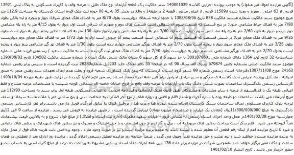 یک قطعه آپارتمان نوع ملک طلق با عرصه وقف با کاربری مسکونی به پلاک ثبتی 13921 فرعی از 63 اصلی