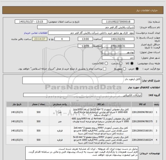استعلام کابل ارمورد دار