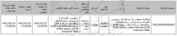 مناقصه عمومی یک مرحله ای سرویس، نگهداری و پشتیبانی سخت‌افزارها‌، نرم‌افزار‌ها، شبکه و اتاق سرور«  Local area network (LAN) و (WAN) area network Wide» 