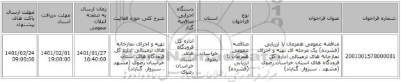 مناقصه عمومی همزمان با ارزیابی (فشرده) یک مرحله ای تهیه و اجرای نمازخانه های ترمینالی اداره کل فرودگاه های استان خراسان رضوی (مشهد ، سبزوار، گناباد) 