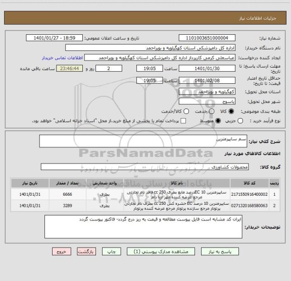 استعلام سم سایپرمترین ، سامانه ستاد