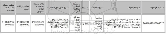 مناقصه عمومی همزمان با ارزیابی (فشرده) یک مرحله ای اجرای عملیات رفع اتفاقات در بخش مرکزی و دهکویه شهرستان لارستان14011913