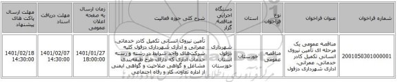 مناقصه عمومی یک مرحله ای تأمین نیروی انسانی تکمیل کادر خدماتی، عمرانی، اداری شهرداری دزفول