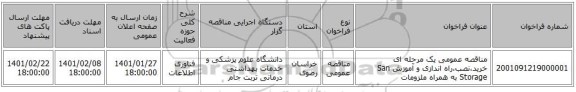 مناقصه عمومی یک مرحله ای خرید،نصب،راه اندازی و آموزش San Storage به همراه ملزومات