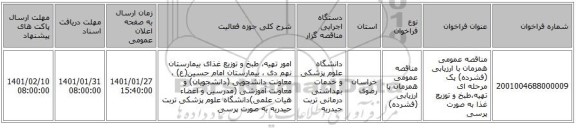 مناقصه عمومی همزمان با ارزیابی (فشرده) یک مرحله ای تهیه،طبخ و توزیع غذا به صورت پرسی