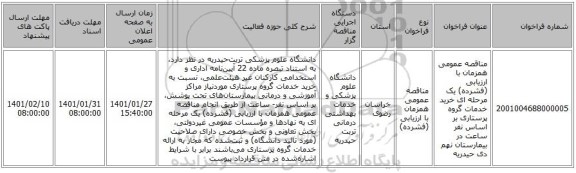 مناقصه عمومی همزمان با ارزیابی (فشرده) یک مرحله ای خرید خدمات گروه پرستاری بر اساس نفر ساعت در بیمارستان نهم دی حیدریه