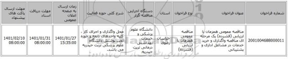 مناقصه عمومی همزمان با ارزیابی (فشرده) یک مرحله ای مناقصه واگذاری و خرید خدمات در مشاغل اداری و پشتیبانی