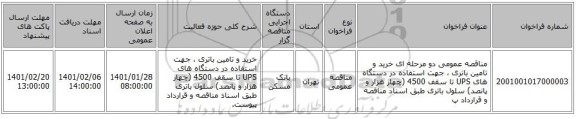 مناقصه عمومی دو مرحله ای خرید و تامین باتری ، جهت استفاده در دستگاه های ‏UPS‏ تا سقف 4500 (چهار هزار و پانصد) سلول باتری ‏طبق اسناد مناقصه و قرارداد پ