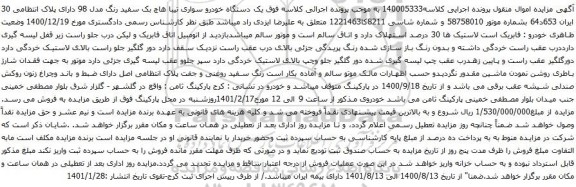 آگهی مزایده ک دستگاه خودرو سواری تیبا هاچ بک سفید 