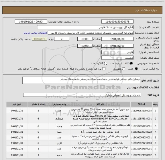 استعلام وسایل هنر درمانی توانبخشی جهت مددجویان بهزیستی شهرستان رستم