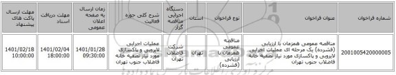 مناقصه عمومی همزمان با ارزیابی (فشرده) یک مرحله ای عملیات اجرایی لایروبی و پاکسازی مورد نیاز تصفیه خانه فاضلاب جنوب تهران