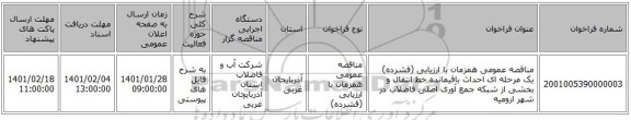 مناقصه عمومی همزمان با ارزیابی (فشرده) یک مرحله ای احداث باقیمانده خط انتقال و بخشی از شبکه جمع آوری اصلی فاضلاب در شهر ارومیه