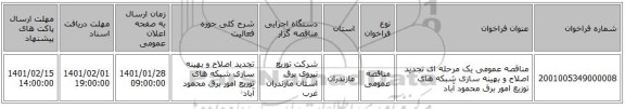 مناقصه عمومی یک مرحله ای تجدید اصلاح و بهینه سازی شبکه های توزیع امور برق محمود آباد