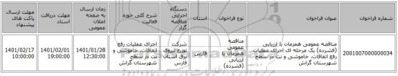 مناقصه عمومی همزمان با ارزیابی (فشرده) یک مرحله ای اجرای عملیات رفع اتفاقات، خاموشی و نت در سطح شهرستان گراش