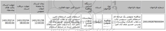 مناقصه عمومی یک مرحله ای  استعلام تامین سرویس ایاب و ذهاب کارکنان بیمارستان مدرس -مسیر نجف آباد امیر آباد