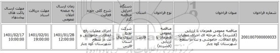 مناقصه عمومی همزمان با ارزیابی (فشرده) یک مرحله ای اجرای عملیات رفع اتفاقات، خاموشی و نت در سطح شهرستان کوه چنار
