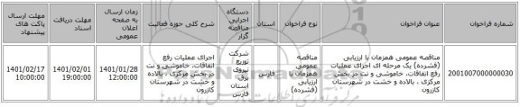 مناقصه عمومی همزمان با ارزیابی (فشرده) یک مرحله ای اجرای عملیات رفع اتفاقات، خاموشی و نت در بخش مرکزی ، بالاده و خشت در شهرستان کازرون 