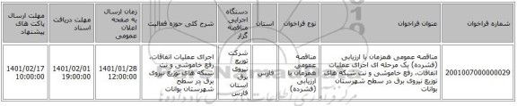 مناقصه عمومی همزمان با ارزیابی (فشرده) یک مرحله ای اجرای عملیات اتفاقات، رفع خاموشی و نت شبکه های توزیع نیروی برق در سطح شهرستان بوانات