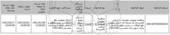مناقصه عمومی همزمان با ارزیابی (فشرده) یک مرحله ای اجرای عملیات رفع اتفاقات در بخش ماهور و دشمن زیاری شهرستان ممسنی14011921