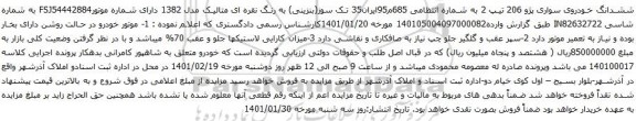 آگهی مزایده ششدانگ خودروی سواری پژو 206 تیپ 2