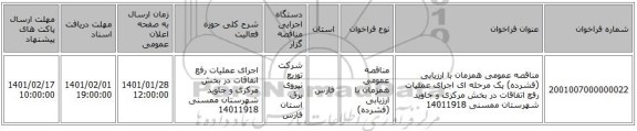 مناقصه عمومی همزمان با ارزیابی (فشرده) یک مرحله ای اجرای عملیات رفع اتفاقات در بخش مرکزی و جاوید شهرستان ممسنی 14011918