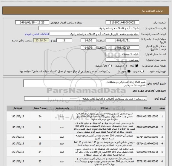 استعلام شیر فلکه زبانه لاستیکی و متعلقات
شهرستان سرخس