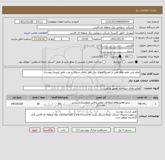 استعلام علف زنی علف های هرز در ایستگاههای برق امور انتقال شمال و غرب طبق لیست پیوست