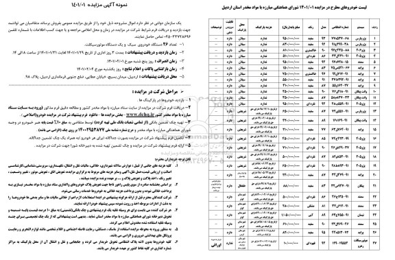 مزایده فروش تعداد 26 دستگاه خودروی سبک و یک دستگاه موتورسیکلت