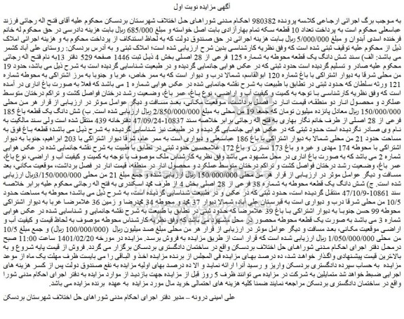 مزایده فروش الف) سند شش دانگ یک قطعه محوطه به شماره 125 فرعی از 28 اصلی