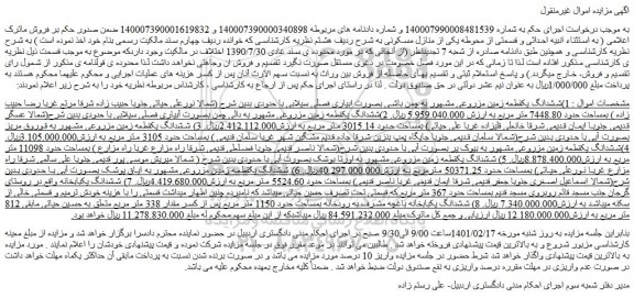 مزایده فروش 1)ششدانگ یکقطعه زمین مزروعی مشهور به چمن باشی بصورت ابیاری و...