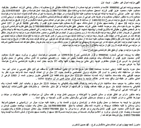 مزایده فروش قطعه زمینی است به مساحت 180 متر مربع