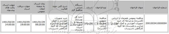 مناقصه عمومی همزمان با ارزیابی (فشرده) دو مرحله ای خرید تجهیزات آموزشی و کمک آموزشی مدارس و هنرستان ها گروه کارگاهی تاسیسات