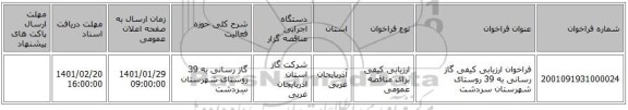 فراخوان ارزیابی کیفی گاز رسانی به 39 روستای شهرستان سردشت