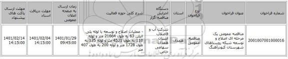 مناقصه عمومی یک مرحله ای اصلاح و توسعه شبکه روستاهای  شهرستان کبودرآهنگ