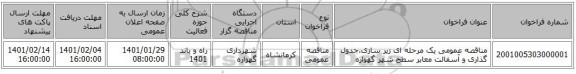 مناقصه عمومی یک مرحله ای زیر سازی،جدول گذاری و آسفالت معابر سطح شهر گهواره