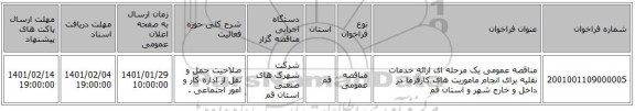 مناقصه عمومی یک مرحله ای ارائه خدمات نقلیه برای انجام ماموریت های کارفرما در داخل و خارج شهر و استان قم